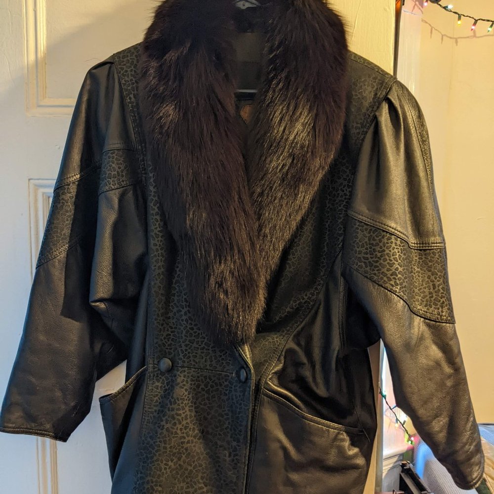 Leather Coat with Real Fox Collar